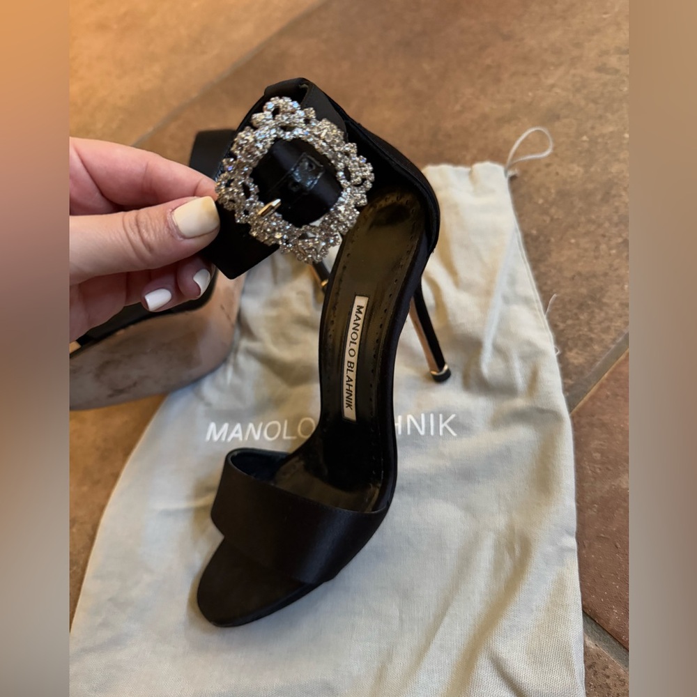 Manolo Blahnik black satin heel with crystal ankle